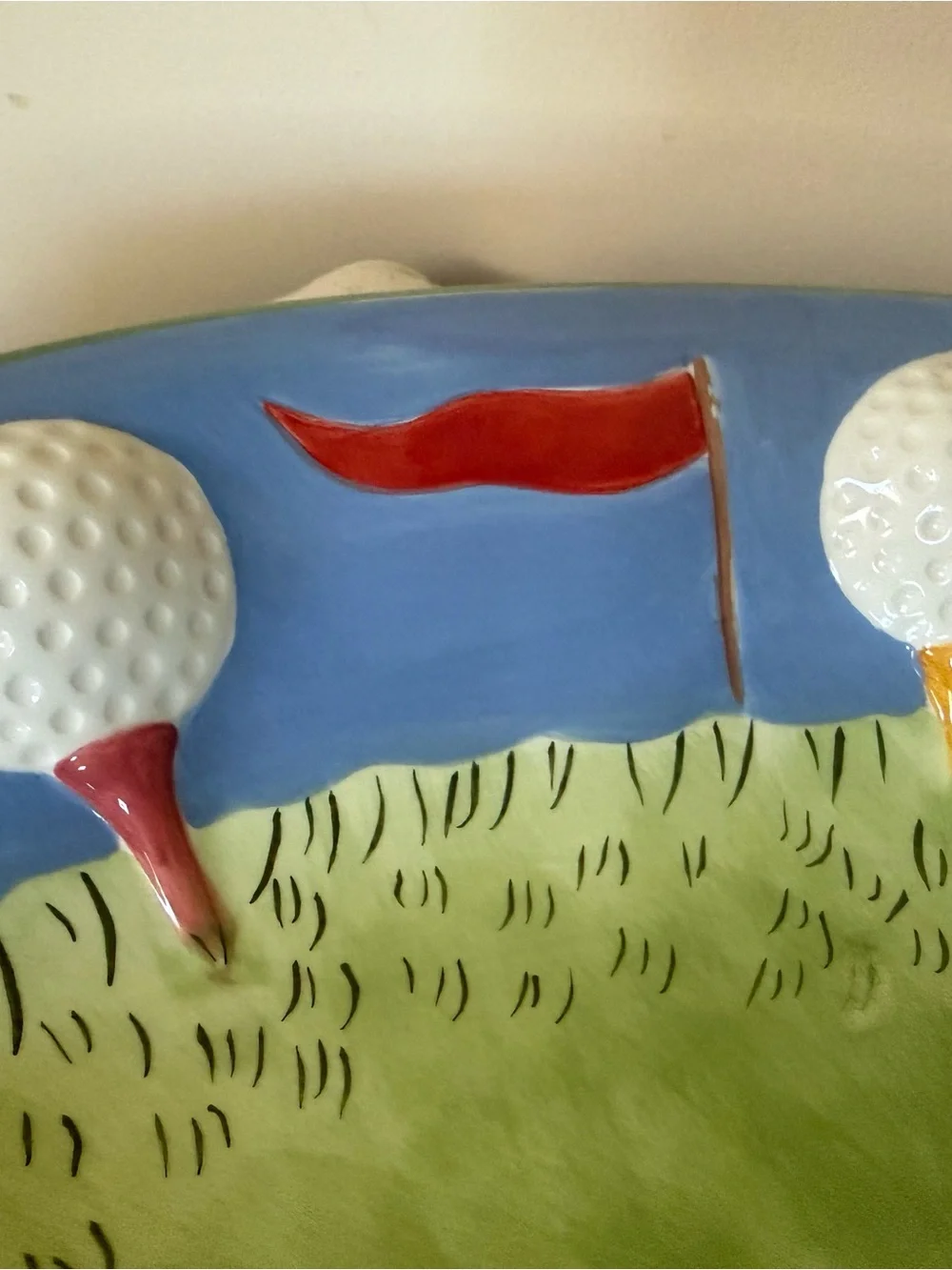 Vintage Hand-Painted CLAY ART 3D Golf-Themed Ceramic Serving Bowl chip & dip